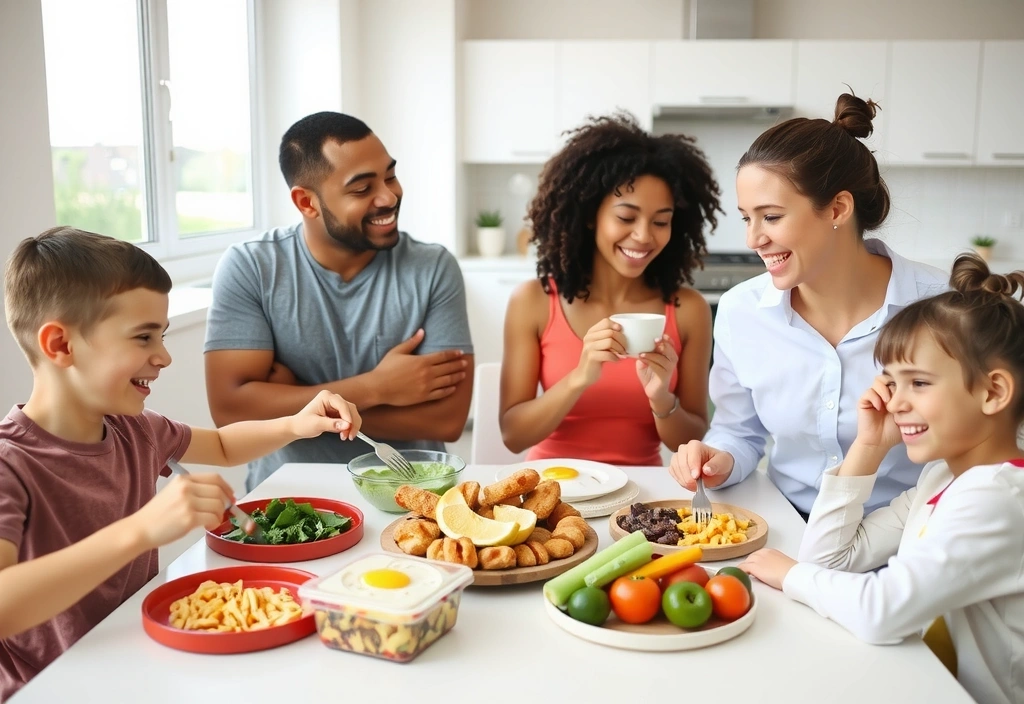 Eine lachende Familie sitzt am Esstisch und isst gemeinsam gesunde Speisen
