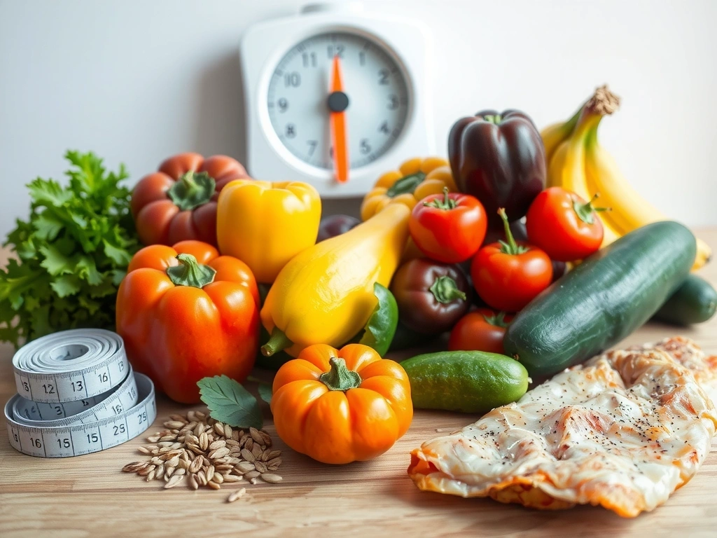 Symbolbild für gesunde Ernährung mit verschiedenen Lebensmitteln und einer Waage